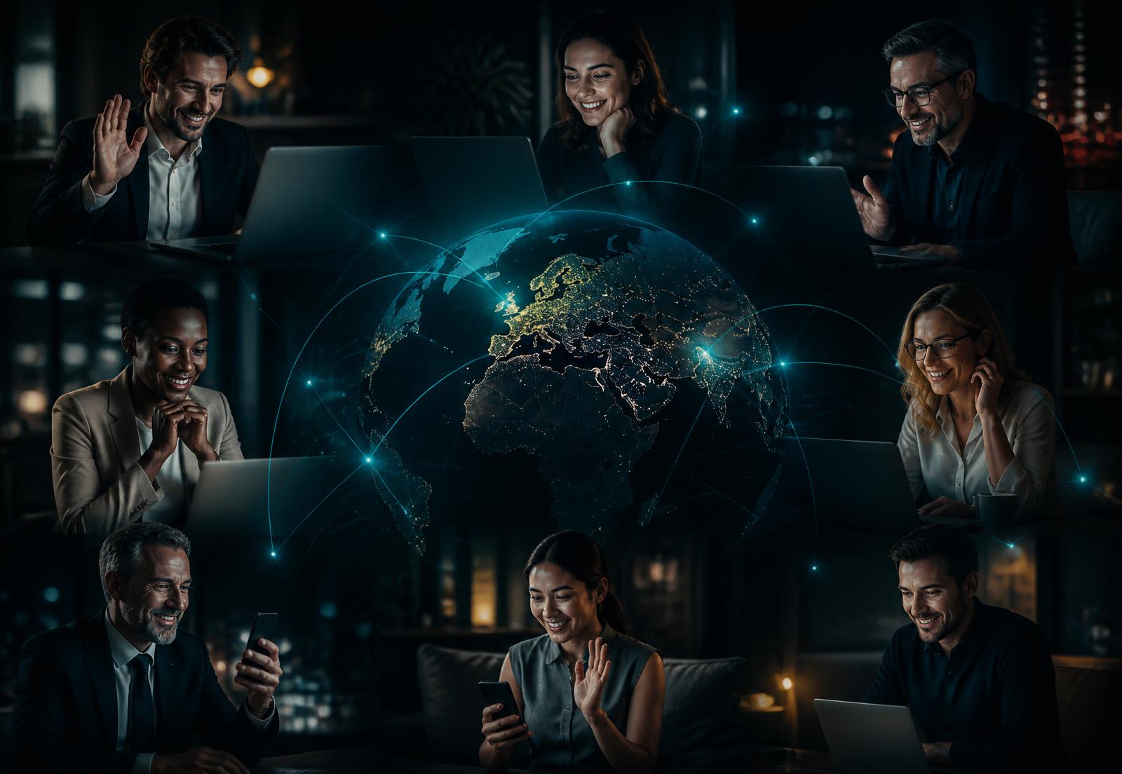 International clients from Europe and the US chatting online across a connected globe